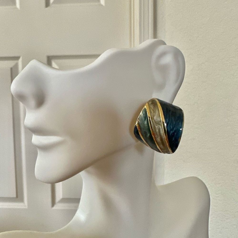 Gold tone green and blue enamel hoop earrings